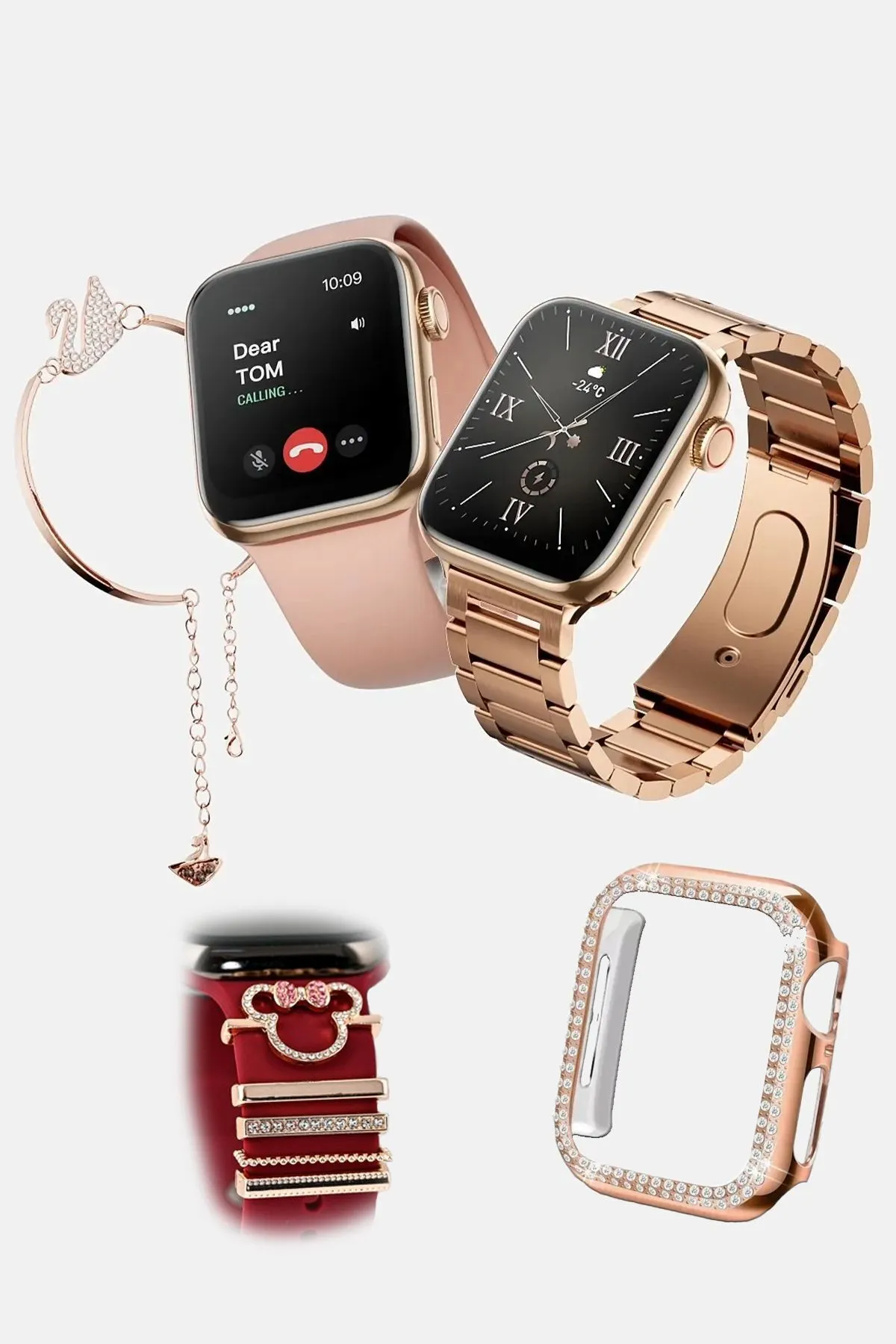 G9 Mini Plus Rose Gold Smart Watch 41 Mm 3 Kordon Mickey Charm Bileklik Hediyeli Akıllı Saat